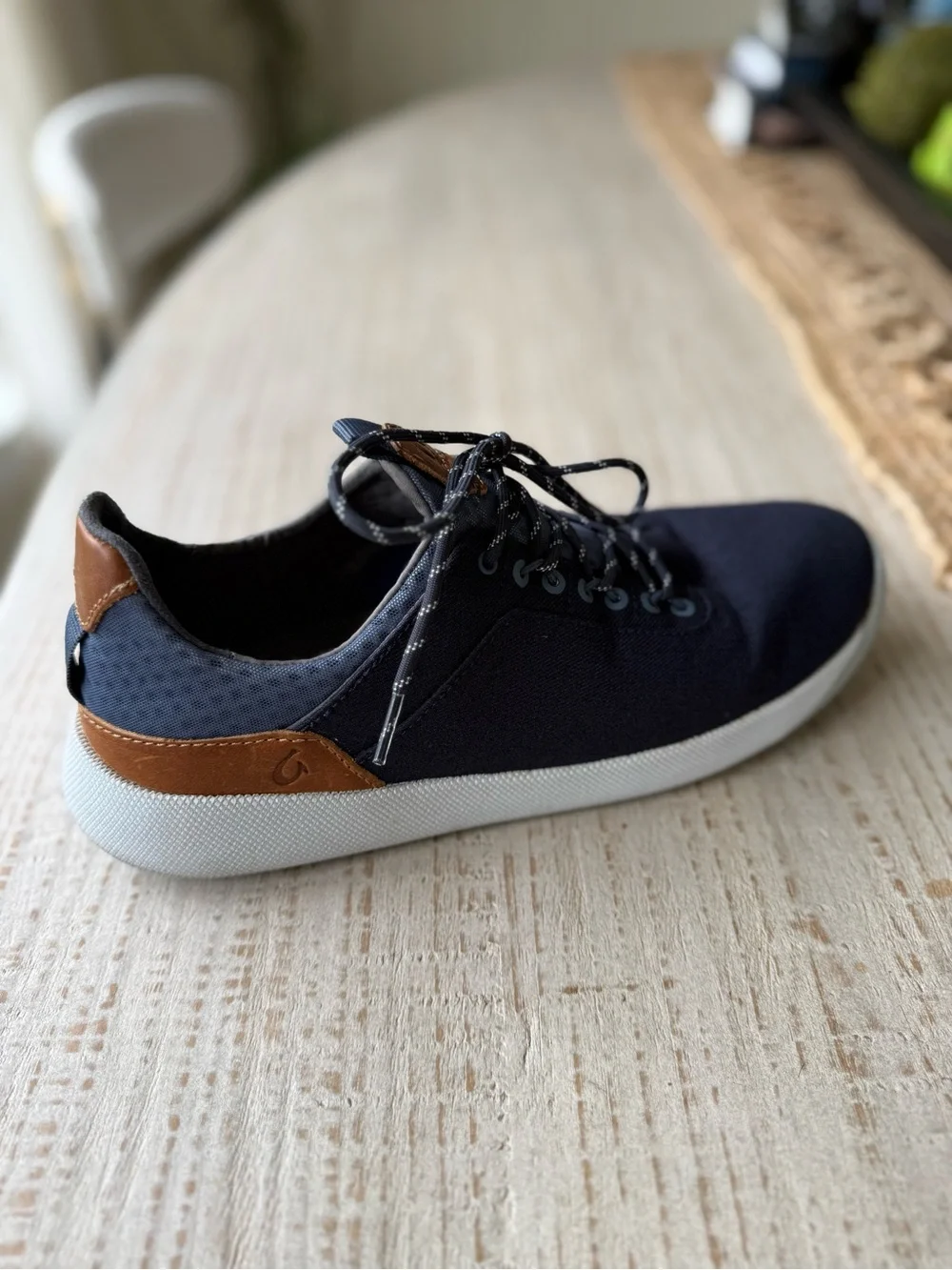 OluKai Navy Canvas Lace-Up Sneakers with Brown Leather Accents like new!